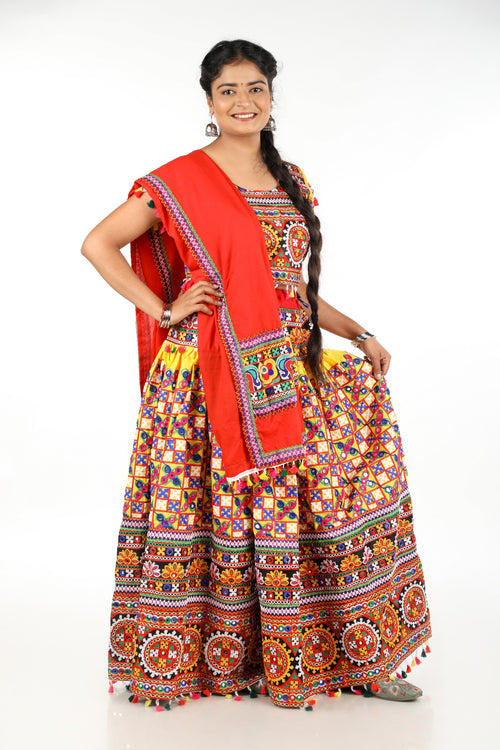 Banjara India Cotton Long Flair Aari Embroidery Kutch Work (Lehenga Choli) Chaniya Choli Set with Dupatta -(CC-BWR-Yellow)