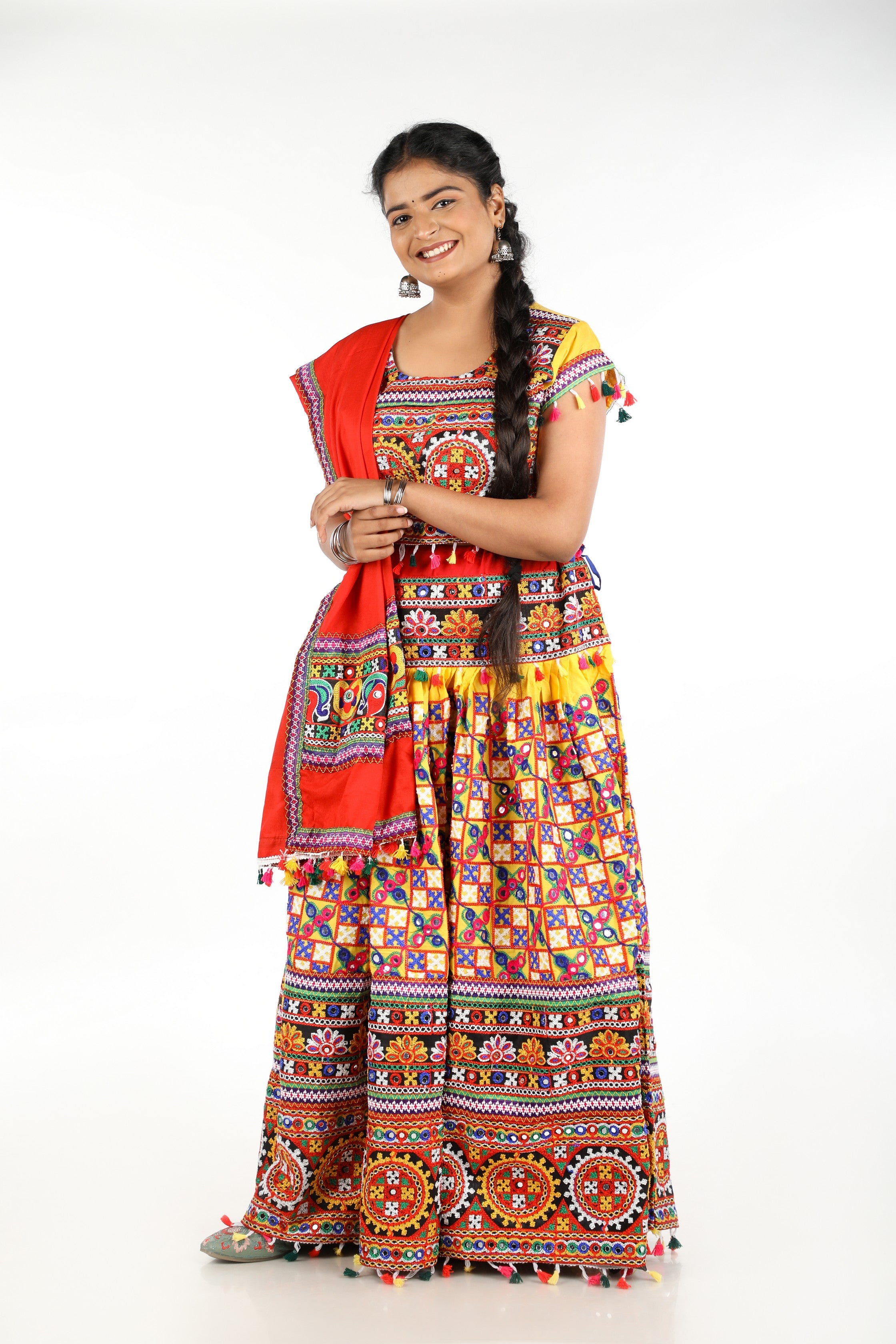 Banjara India Cotton Long Flair Aari Embroidery Kutch Work (Lehenga Choli) Chaniya Choli Set with Dupatta -(CC-BWR-Yellow)