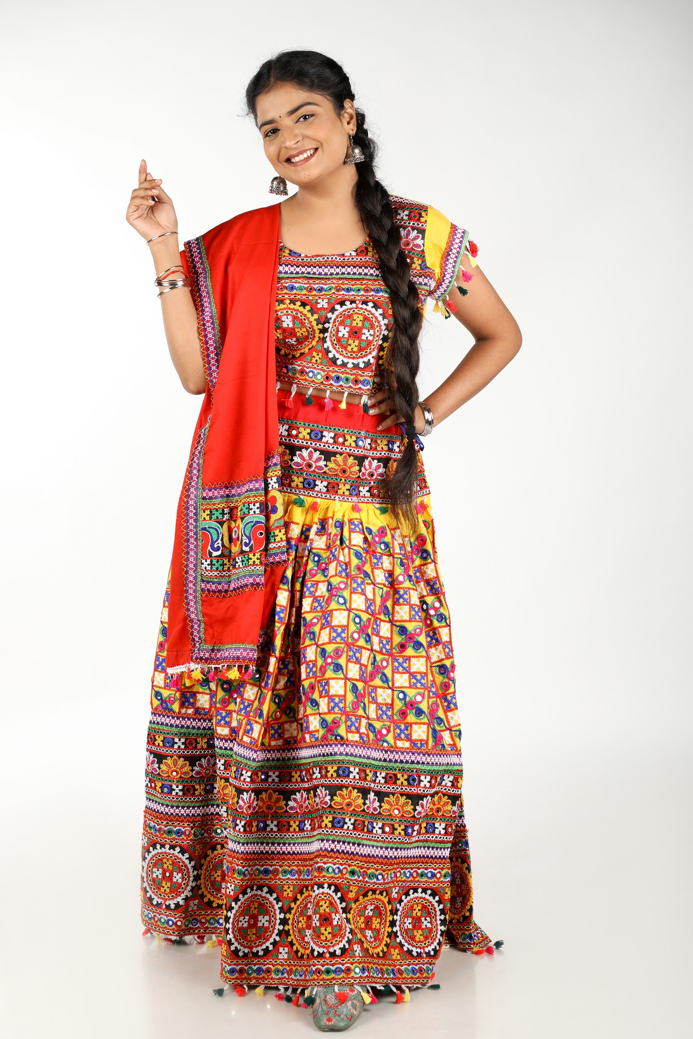 Banjara India Cotton Long Flair Aari Embroidery Kutch Work (Lehenga Choli) Chaniya Choli Set with Dupatta -(CC-BWR-Yellow)