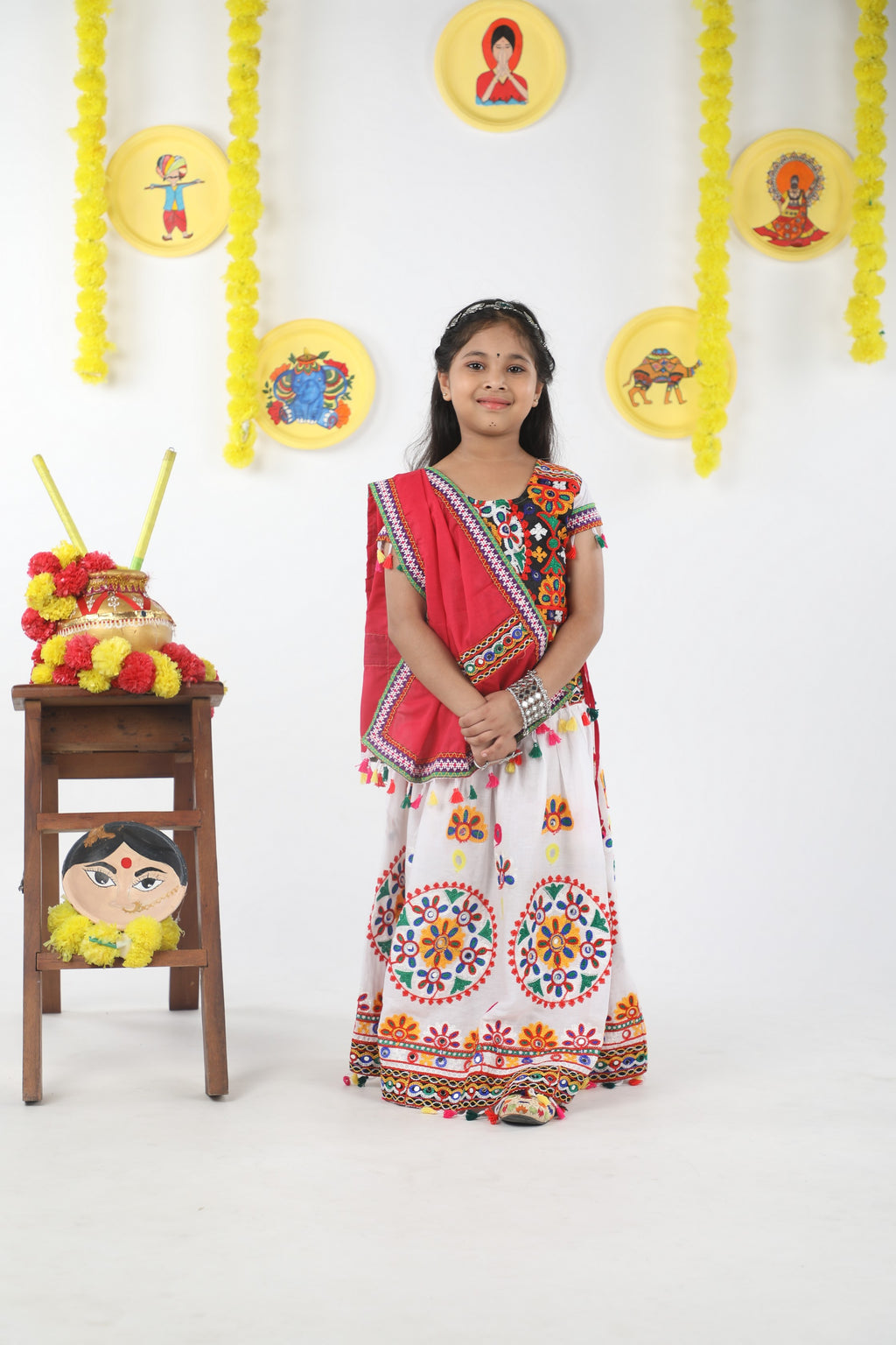 Mother-Daugther Combo Cotton Embroidered Lehenga Choli Set (RING- Combo) - White