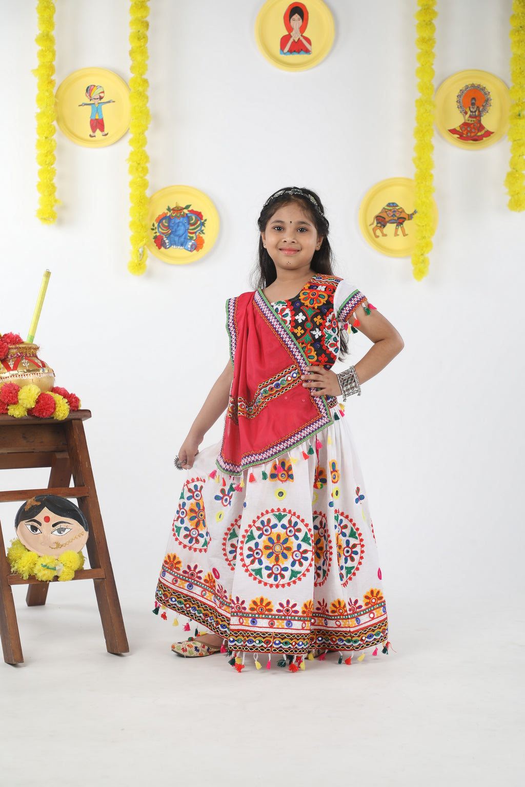 Banjara India Kutchi Emboidered White Girls Chaniya Choli with Dupatta (CC-RING) - WHITE