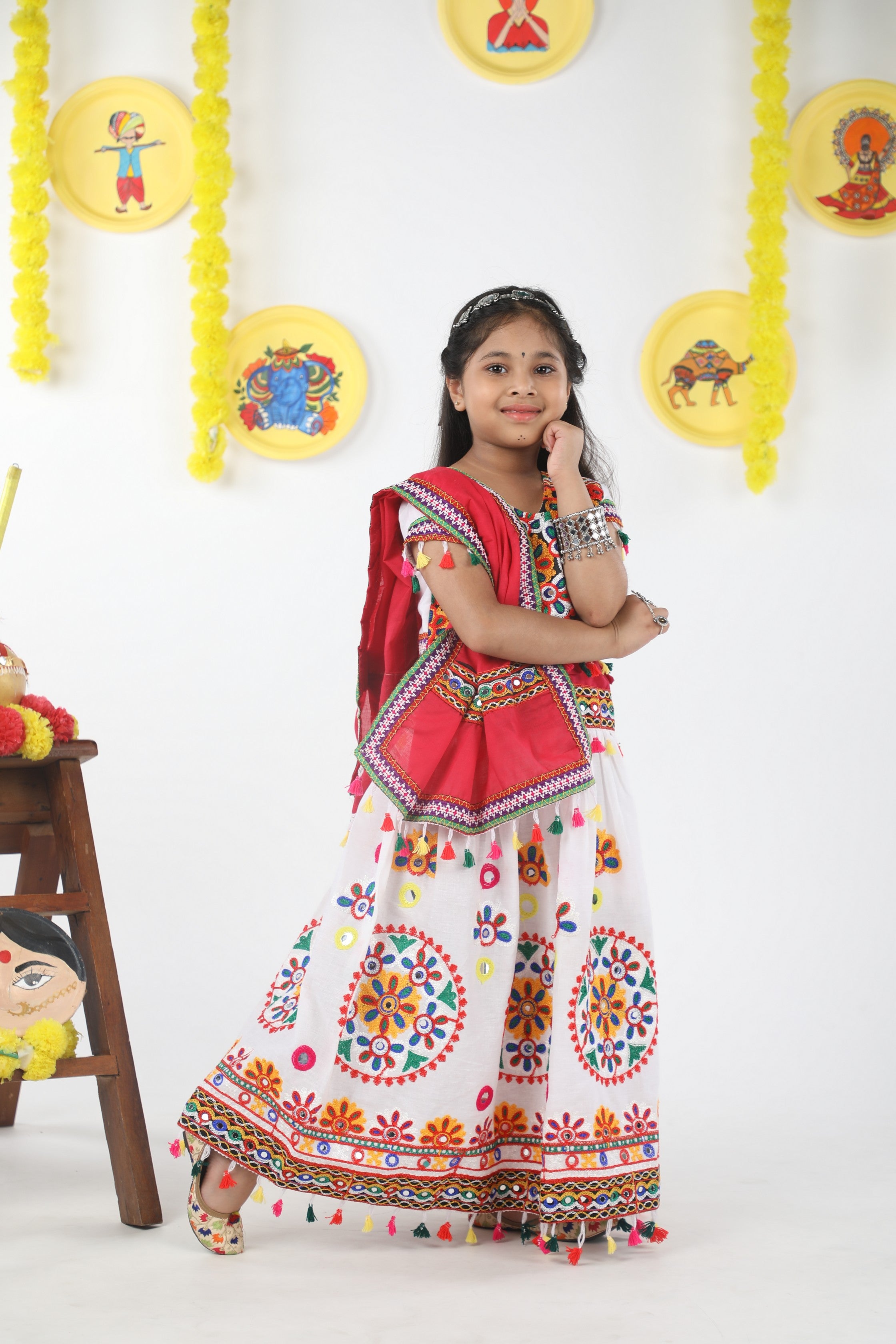 Banjara India Kutchi Emboidered White Girls Chaniya Choli with Dupatta (CC-RING) - WHITE