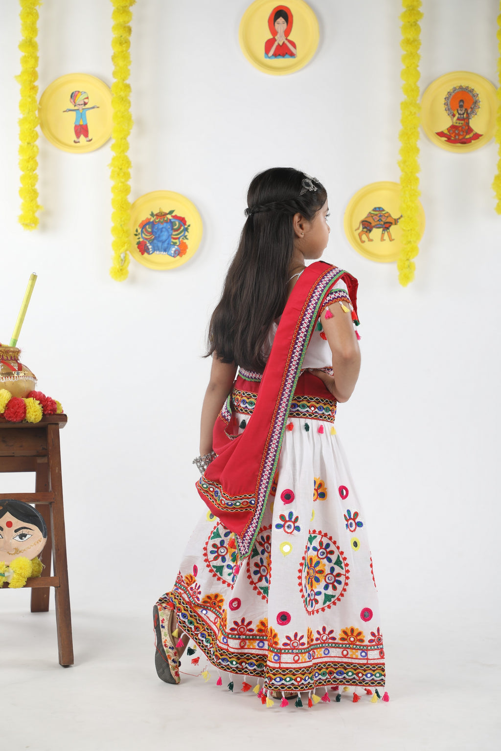 Banjara India Kutchi Emboidered White Girls Chaniya Choli with Dupatta (CC-RING) - WHITE