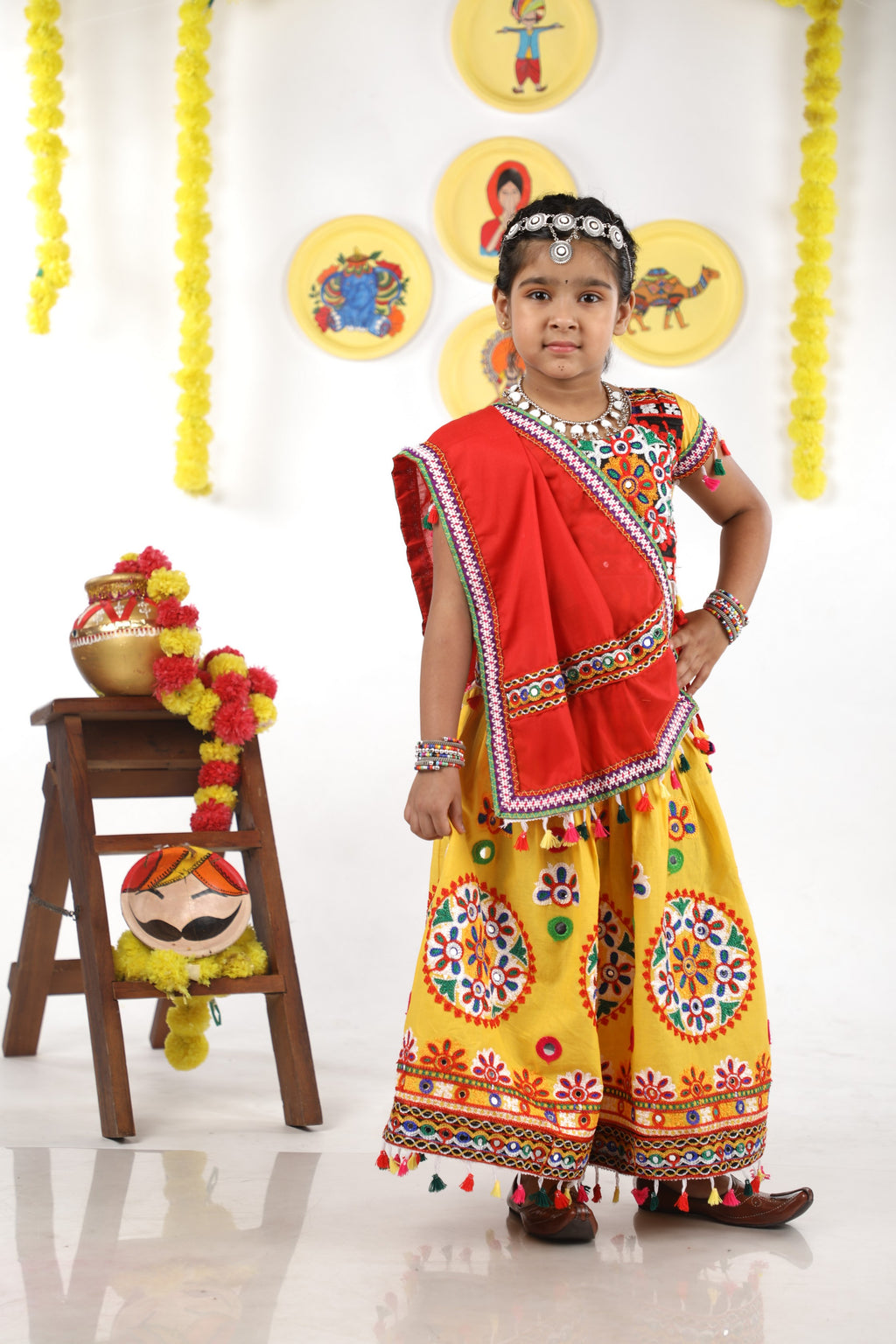 Banjara India Kutchi Emboidered Yellow Girls Chaniya Choli with Dupatta (CC-RING) - YELLOW