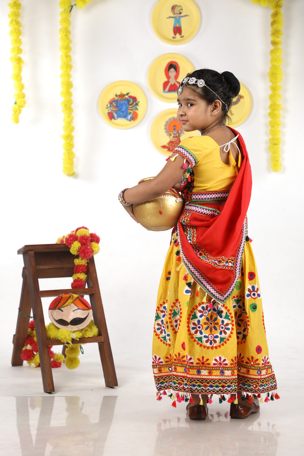 Banjara India Kutchi Emboidered Yellow Girls Chaniya Choli with Dupatta (CC-RING) - YELLOW
