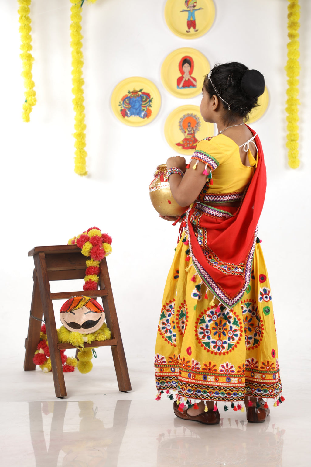 Banjara India Kutchi Emboidered Yellow Girls Chaniya Choli with Dupatta (CC-RING) - YELLOW