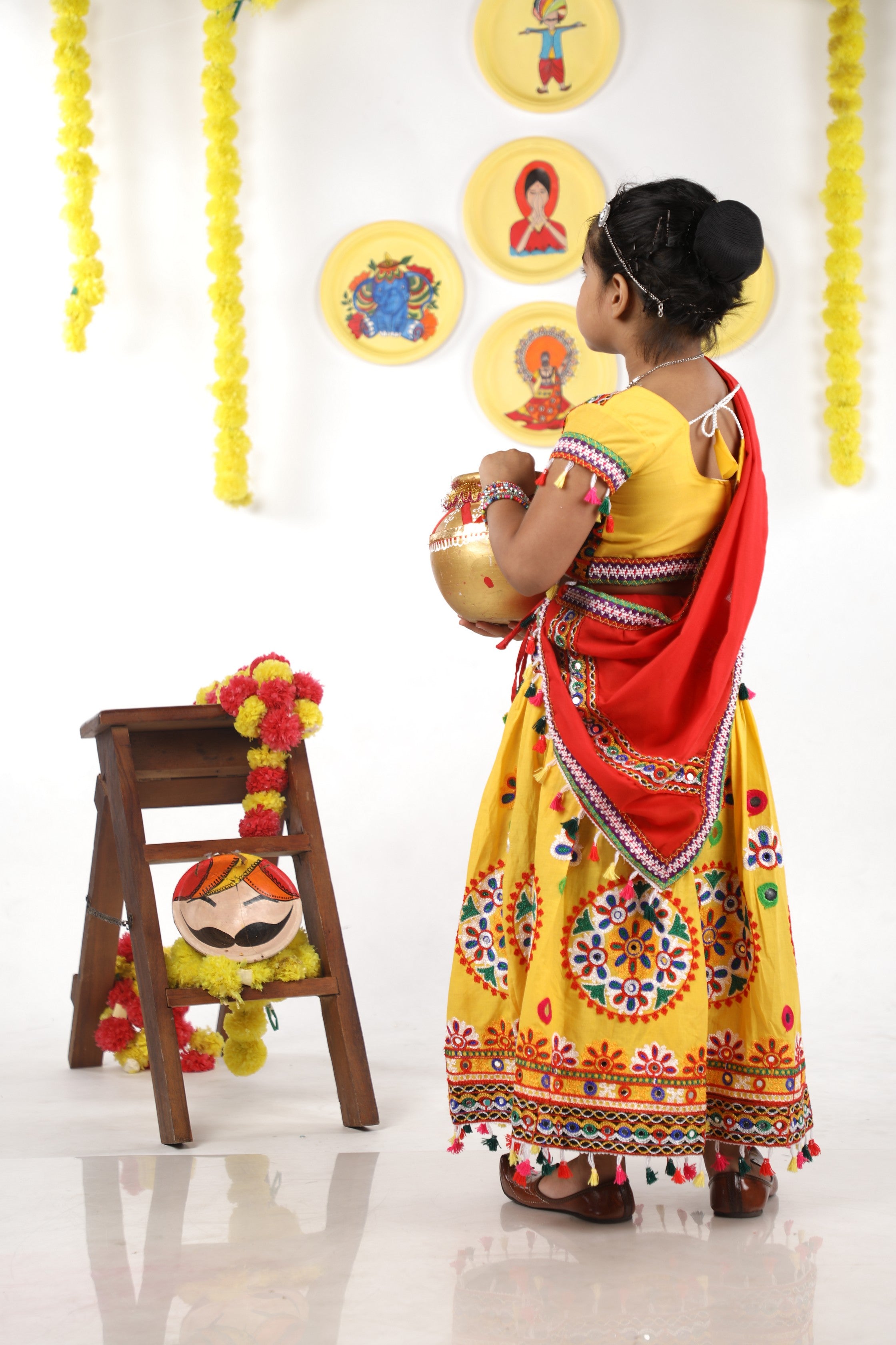 Banjara India Kutchi Emboidered Yellow Girls Chaniya Choli with Dupatta (CC-RING) - YELLOW
