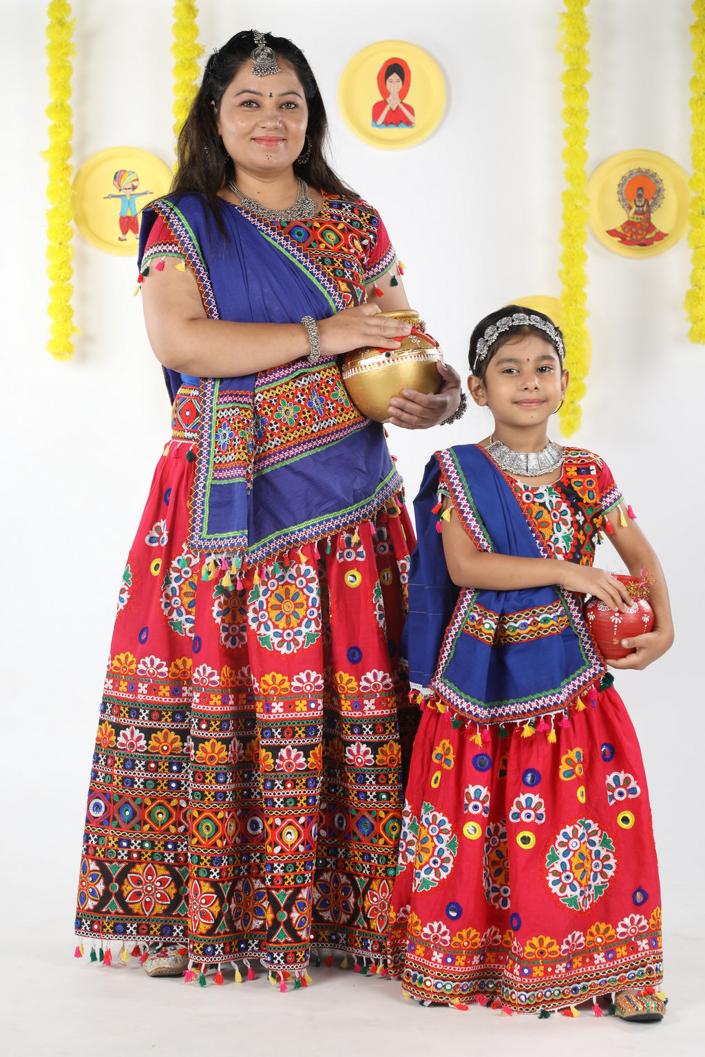 Mother-Daugther Combo Cotton Embroidered Lehenga Choli Set (RING- Combo) - Pink