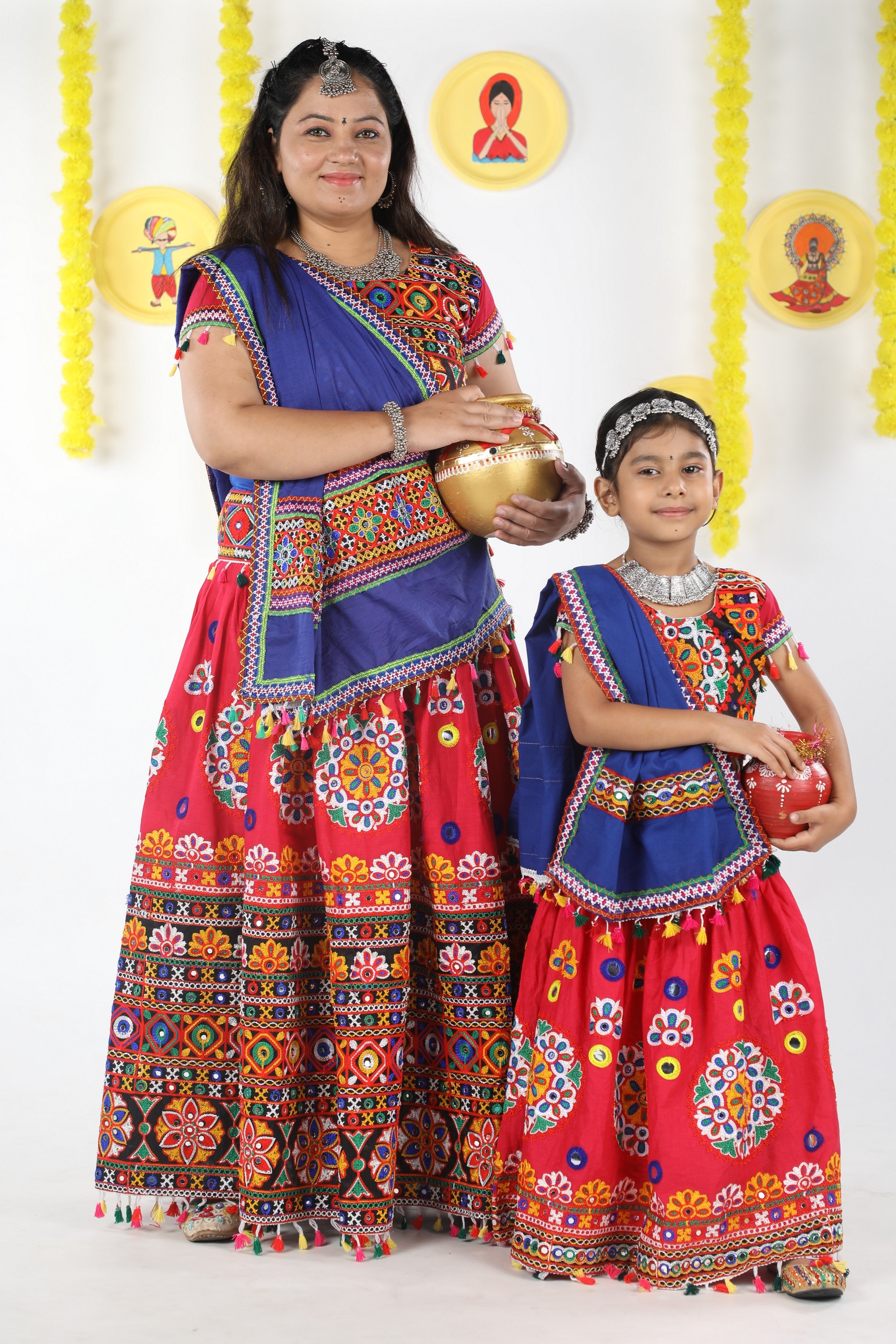 Mother-Daugther Combo Cotton Embroidered Lehenga Choli Set (RING- Combo) - Pink