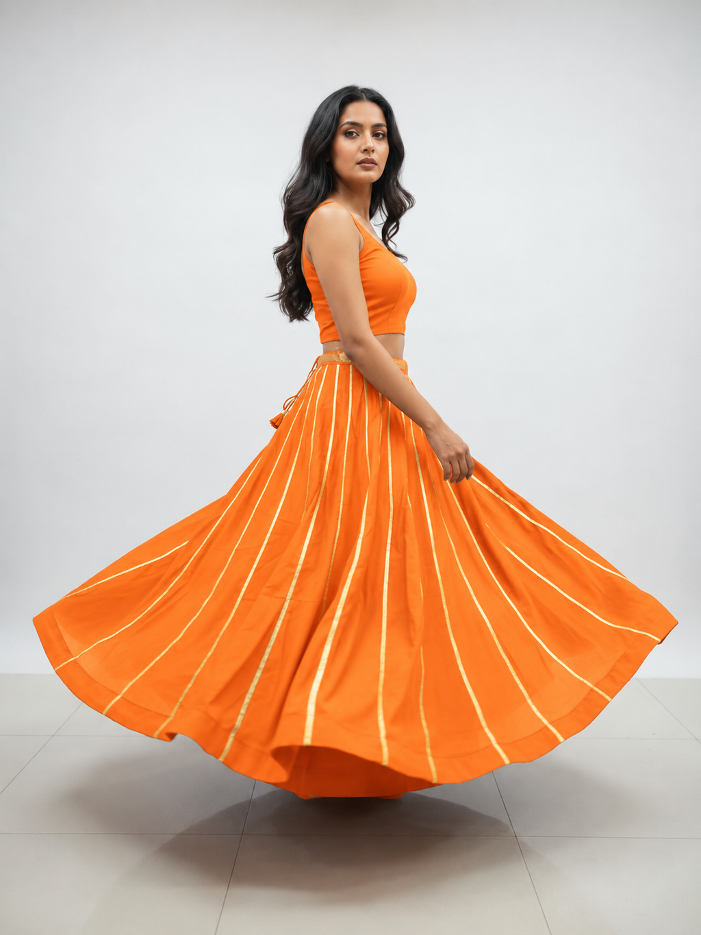 Banjara India Black Roman Silk Kali Skirt/Chaniya – Skirt-GoldenKali-Orange