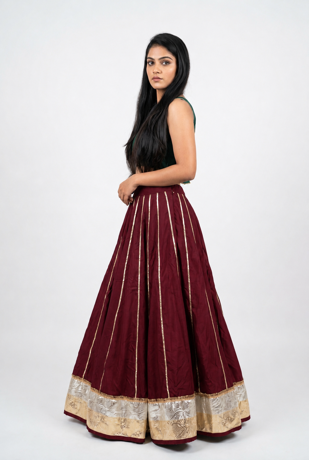 Banjara India Black Premium Rayon Kali Skirt/Chaniya – Skirt-Sona Chandi- Maroon