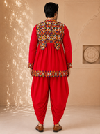 Banjara India Men’s Kutchi Embroidered Kediyu & Dhoti Set | Traditional Navratri Garba Outfit | Mirror Work Ethnic Wear Set-Red