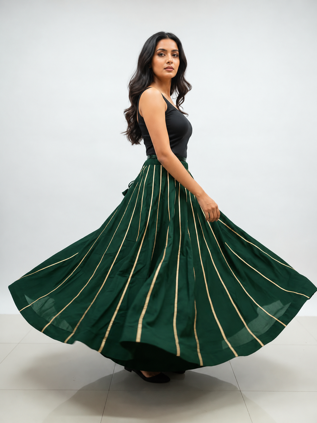 Banjara India Black Roman Silk Kali Skirt/Chaniya – Skirt-GoldenKali-Bottle Green