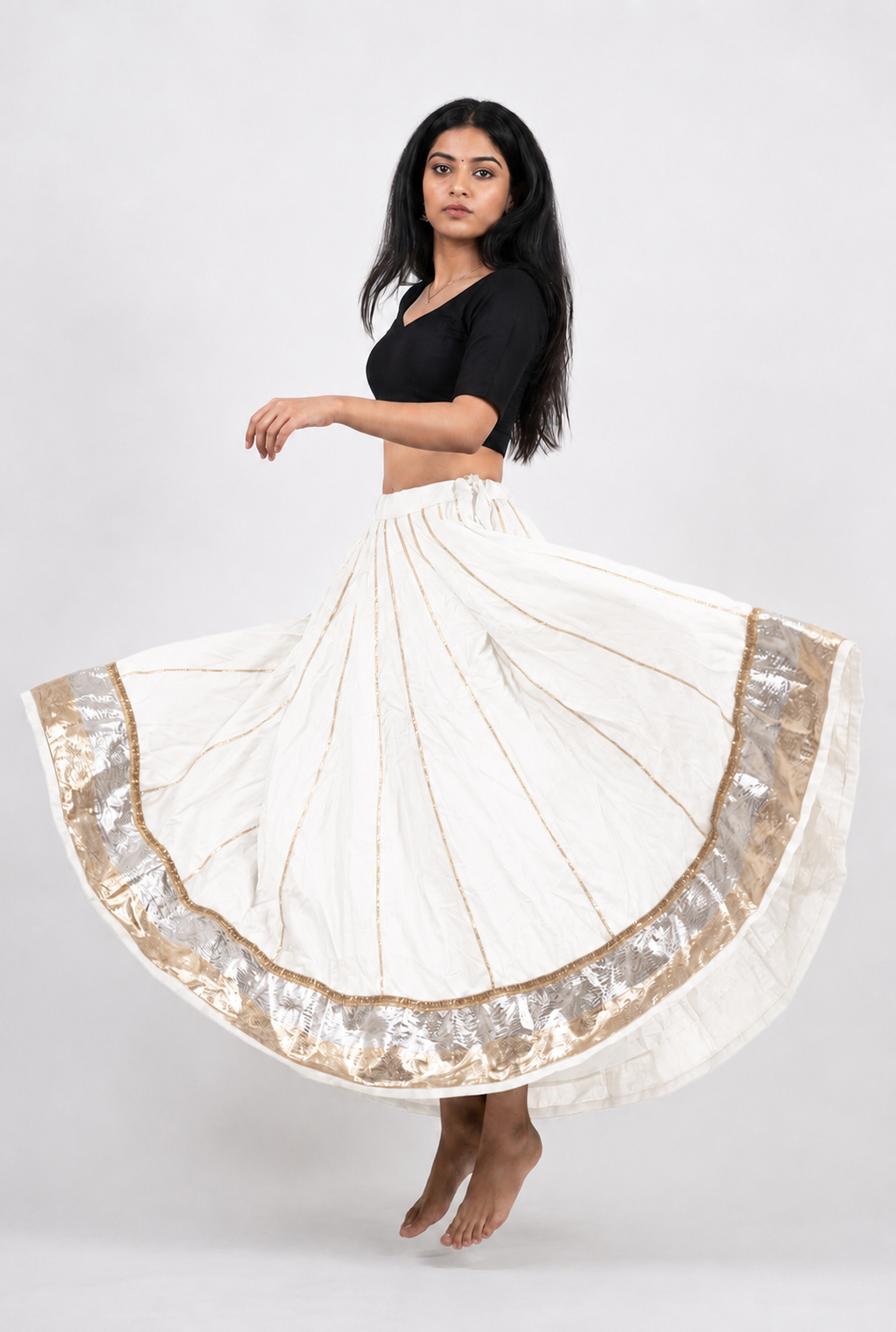 Banjara India Black Premium Rayon Kali Skirt/Chaniya – Skirt-Sona Chandi- Off-White