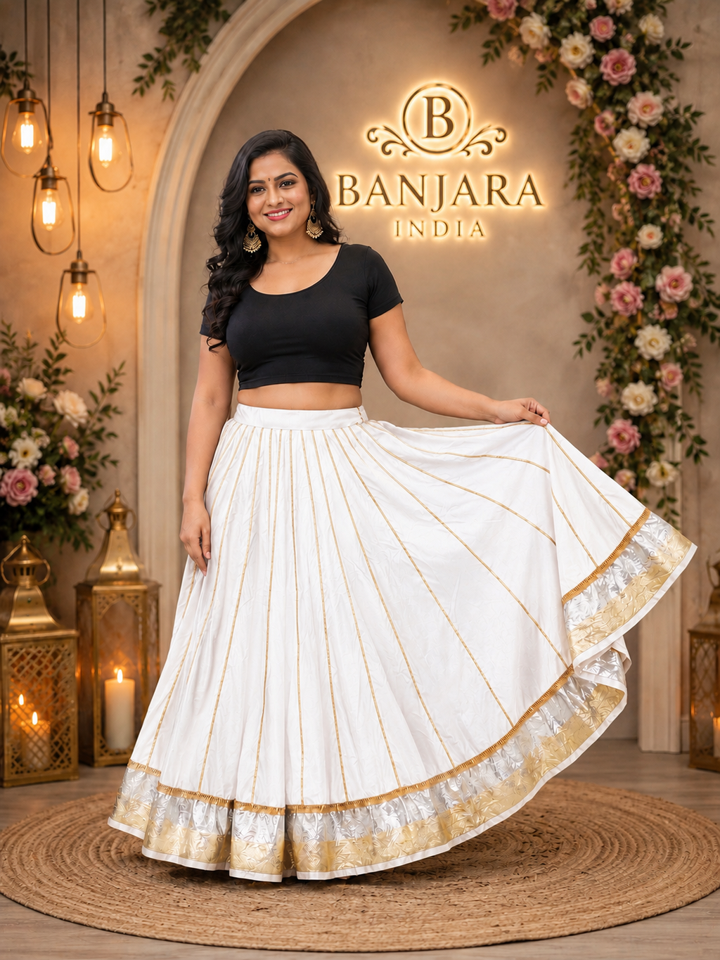 Banjara India Black Premium Rayon Kali Skirt/Chaniya – Skirt-Sona Chandi- White