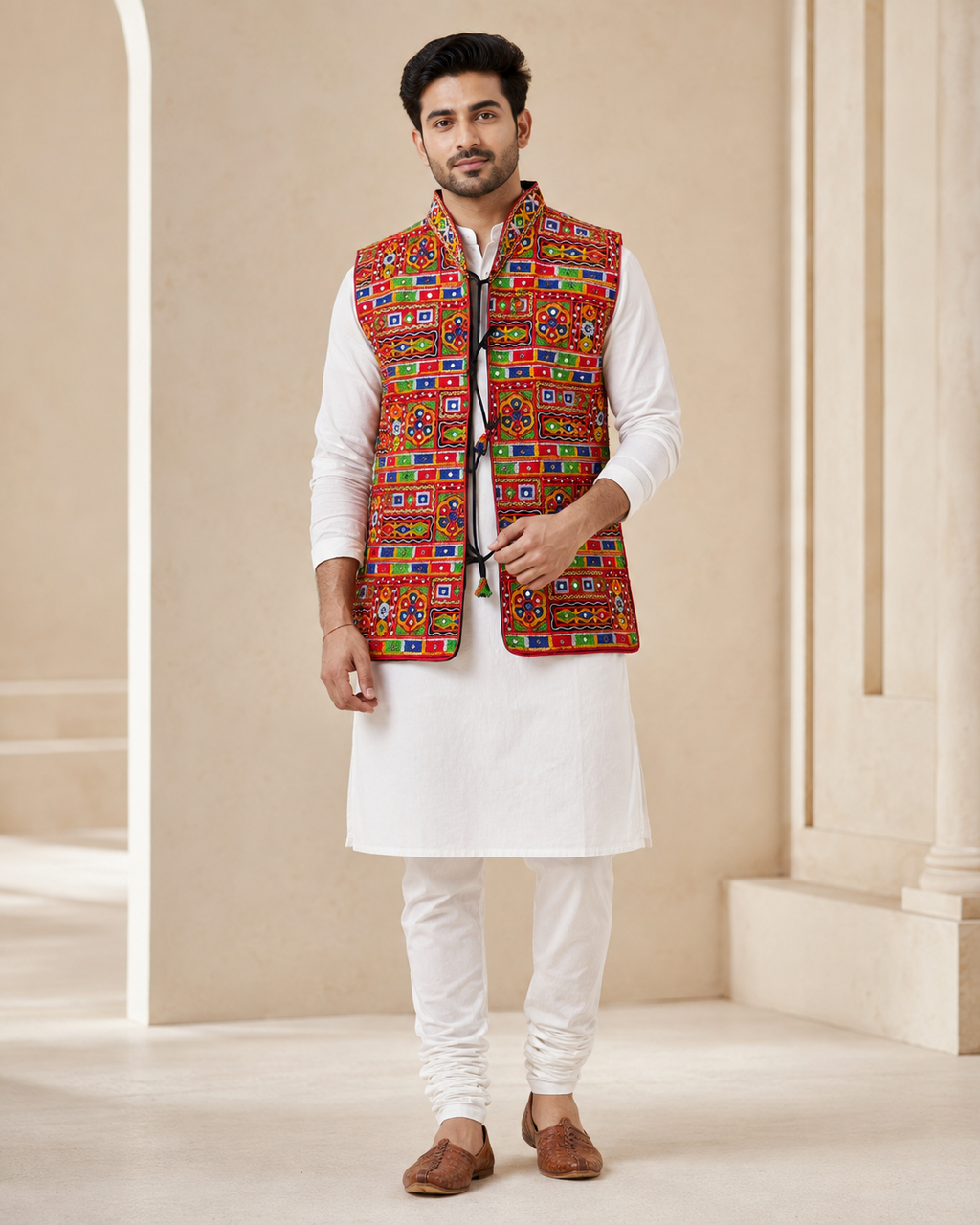 Banjara India Multicolor Kutchi Embroidered Ethnic Jacket for Men | Mirror Work Nehru Jacket | Festive & Navratri Wear (Men-Koti-04)