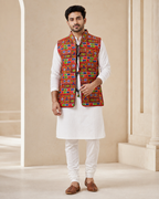 Banjara India Multicolor Kutchi Embroidered Ethnic Jacket for Men | Mirror Work Nehru Jacket | Festive & Navratri Wear (Men-Koti-04)