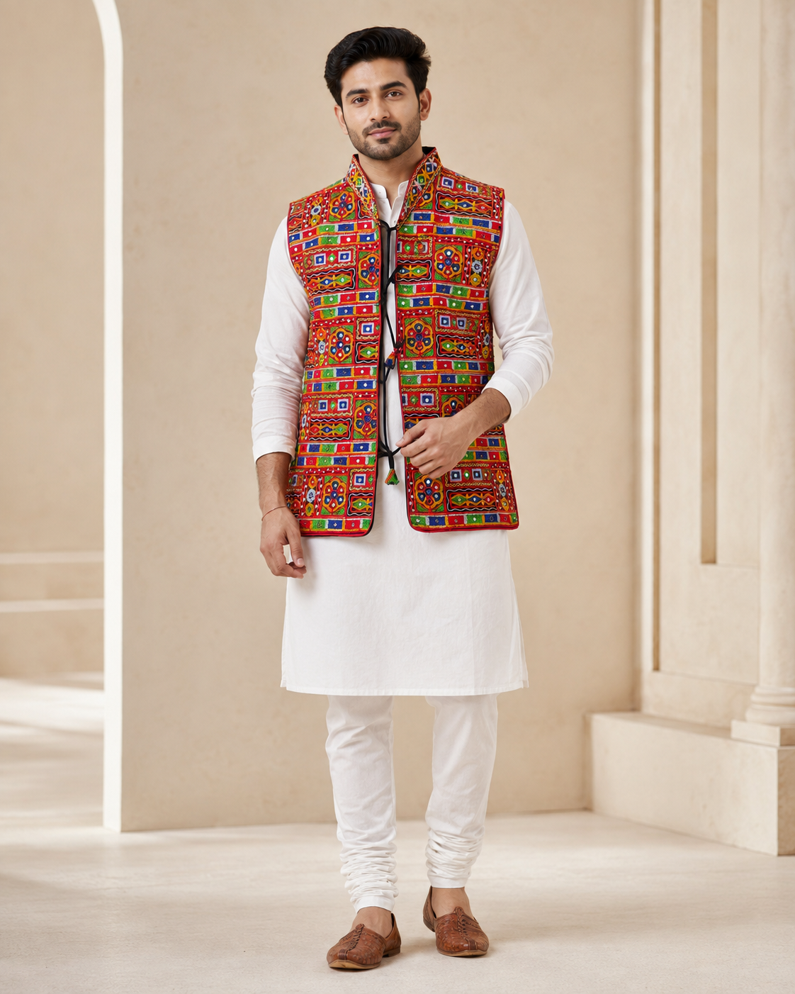 Banjara India Multicolor Kutchi Embroidered Ethnic Jacket for Men | Mirror Work Nehru Jacket | Festive & Navratri Wear (Men-Koti-04)