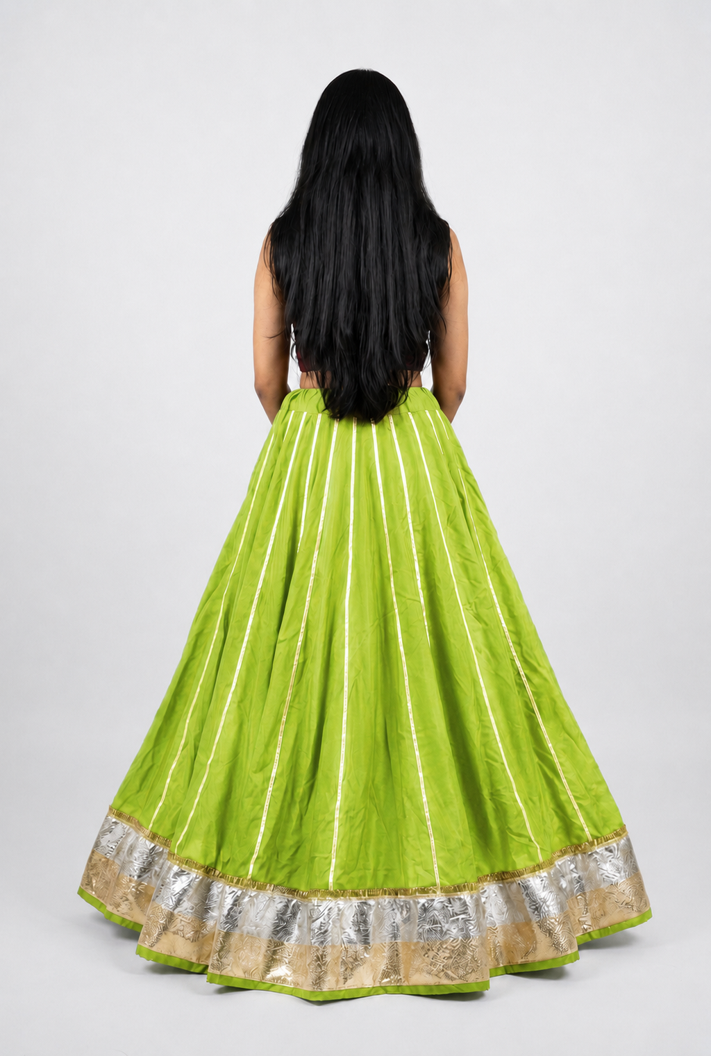 Banjara India Black Premium Rayon Kali Skirt/Chaniya – Skirt-Sona Chandi- Lime Green