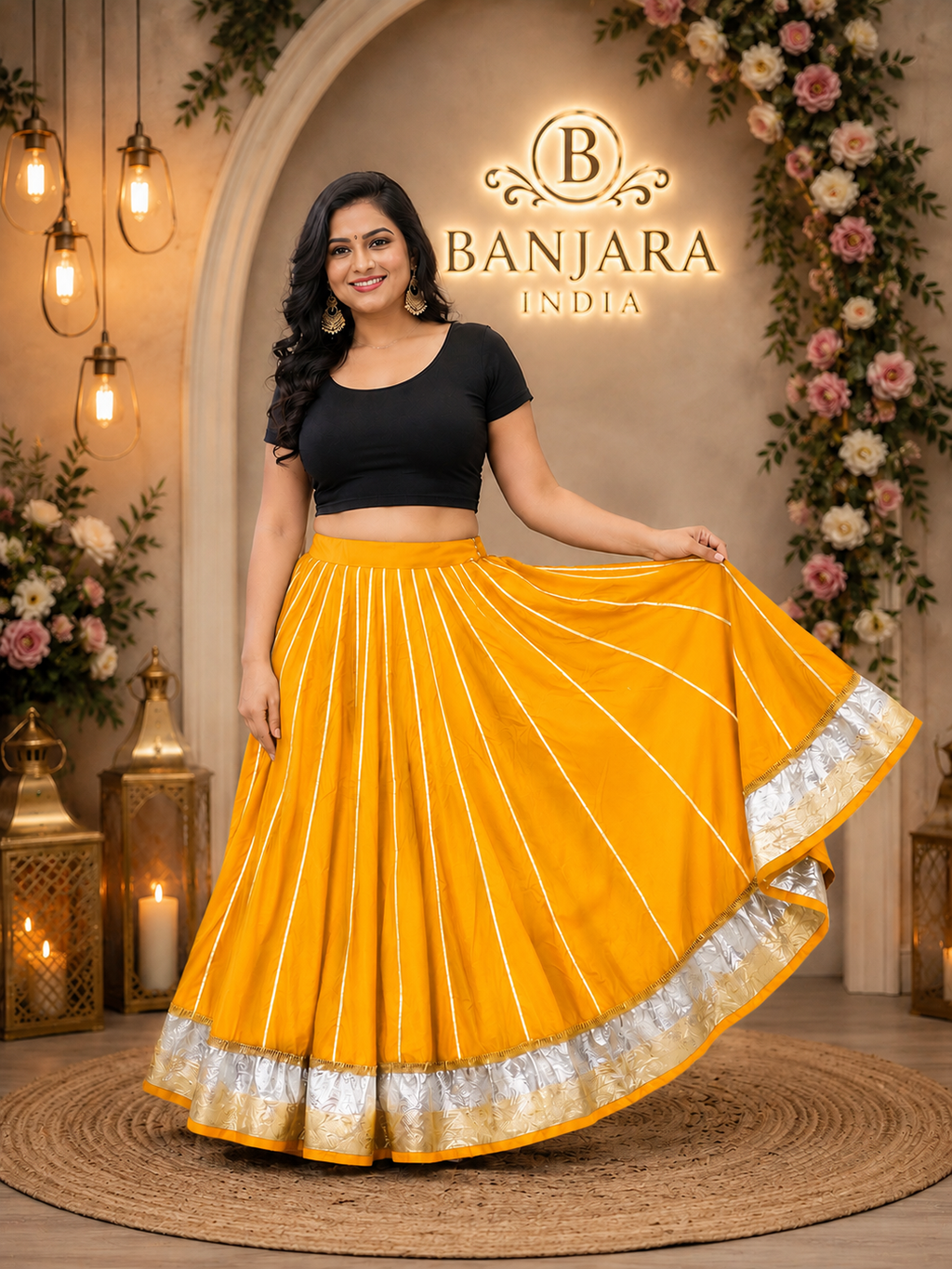 Banjara India Black Premium Rayon Kali Skirt/Chaniya – Skirt-Sona Chandi- Mustard Yellow
