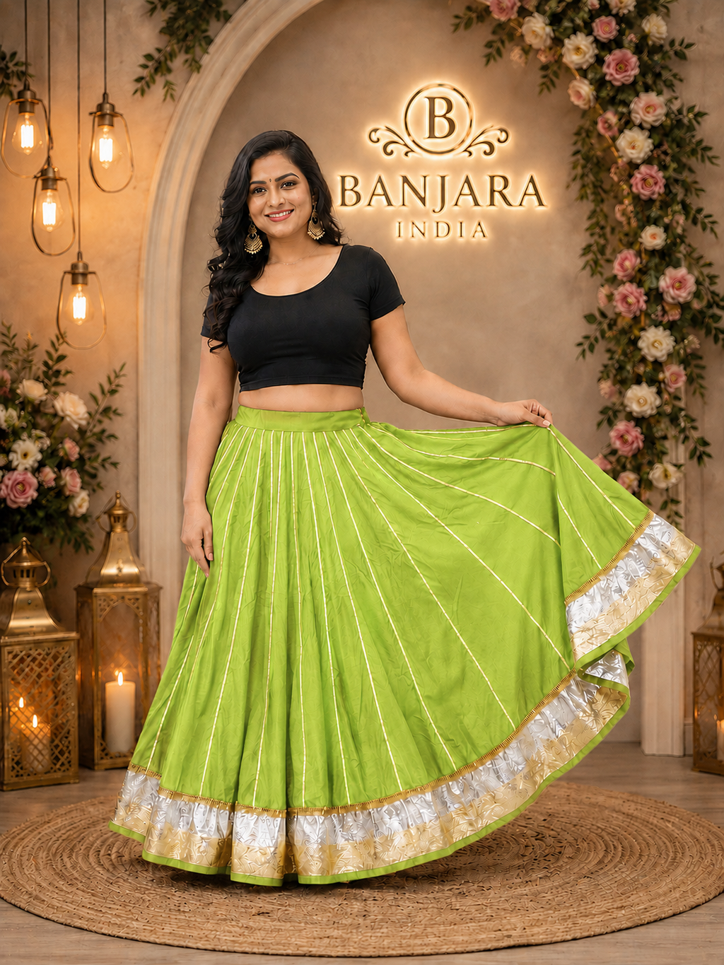 Banjara India Black Premium Rayon Kali Skirt/Chaniya – Skirt-Sona Chandi- Lime Green