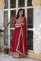 Banjara India Faux blooming Sequins Embroidered  gown with designer lace border dupatta- Maroon