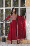 Banjara India Faux blooming Sequins Embroidered  gown with designer lace border dupatta- Maroon