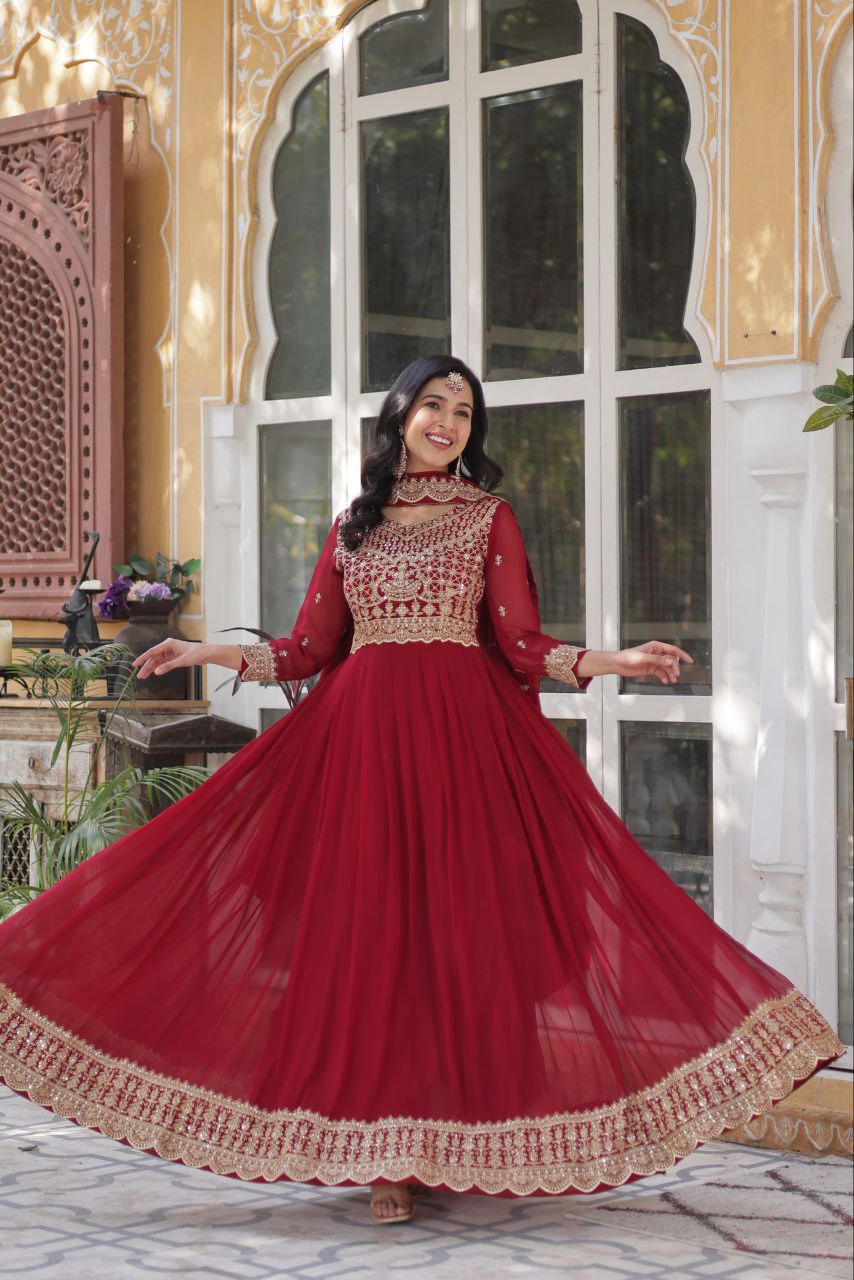 Banjara India Faux blooming Sequins Embroidered  gown with designer lace border dupatta- Maroon