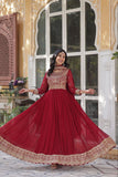 Banjara India Faux blooming Sequins Embroidered  gown with designer lace border dupatta- Maroon