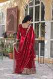 Banjara India Faux blooming Sequins Embroidered  gown with designer lace border dupatta- Maroon