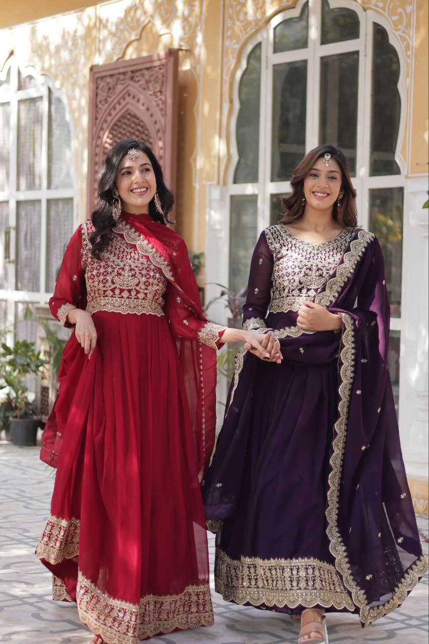Banjara India Faux blooming Sequins Embroidered  gown with designer lace border dupatta- Maroon