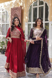 Banjara India Faux blooming Sequins Embroidered  gown with designer lace border dupatta- Maroon