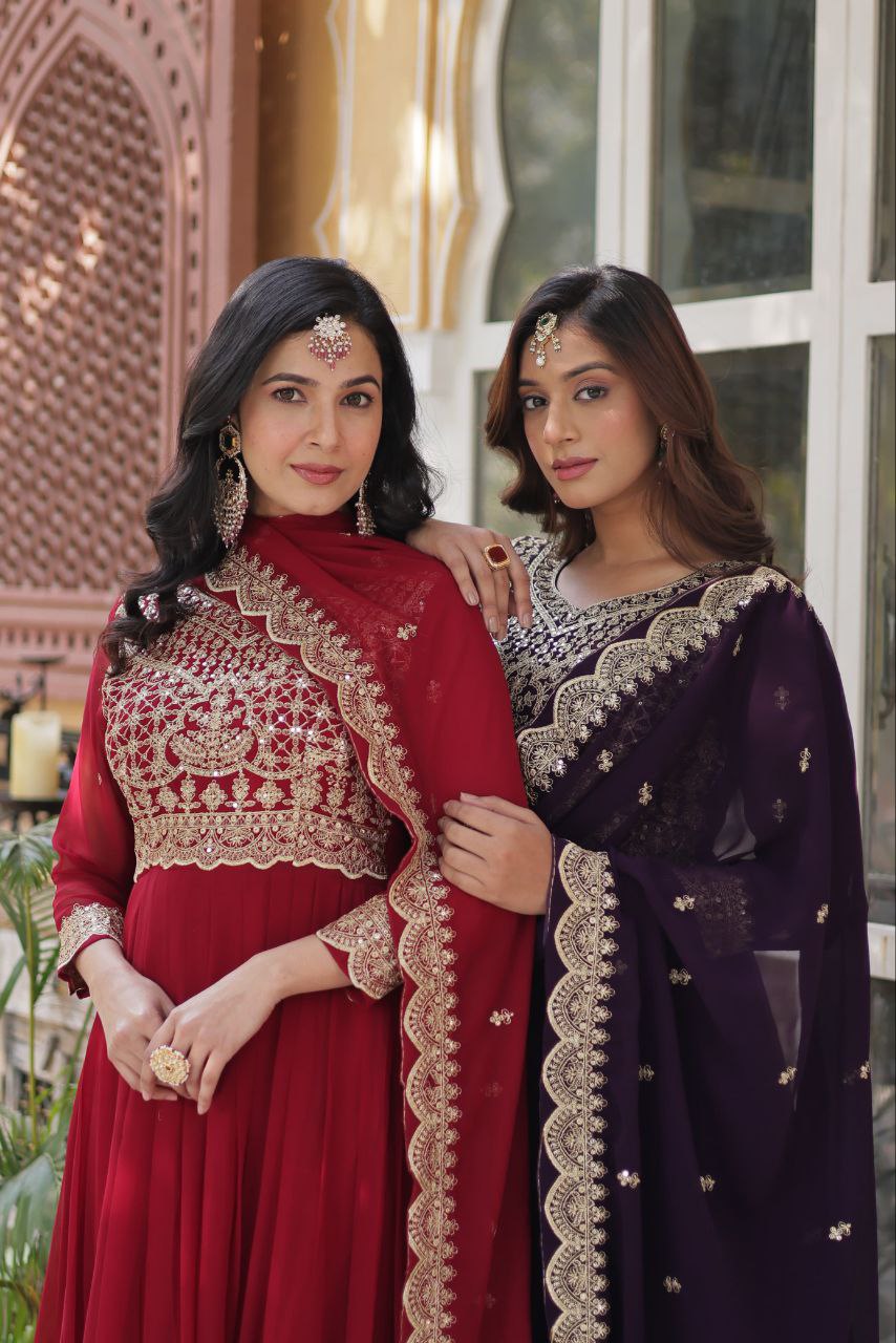 Banjara India Faux blooming Sequins Embroidered  gown with designer lace border dupatta- Maroon
