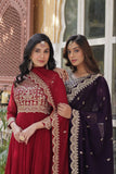 Banjara India Faux blooming Sequins Embroidered  gown with designer lace border dupatta- Maroon
