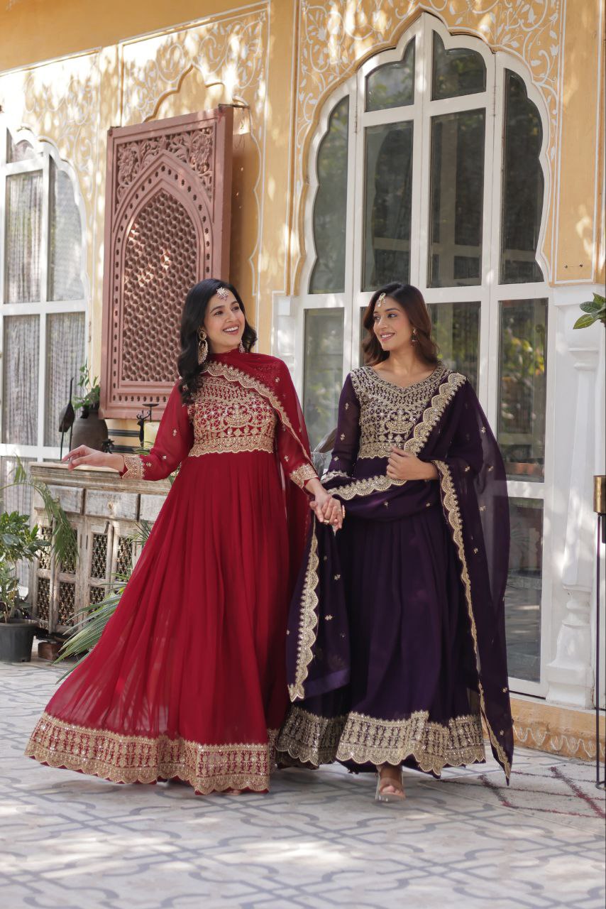 Banjara India Faux blooming Sequins Embroidered  gown with designer lace border dupatta- Maroon