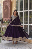 Banjara India Faux blooming Sequins Embroidered  gown with designer lace border dupatta- Wine
