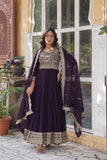 Banjara India Faux blooming Sequins Embroidered  gown with designer lace border dupatta- Wine