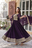 Banjara India Faux blooming Sequins Embroidered  gown with designer lace border dupatta- Wine