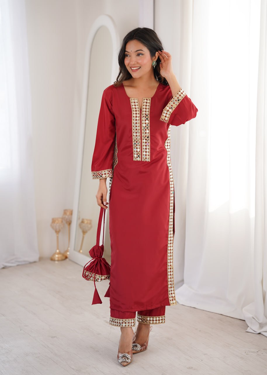 Banjara India Women's Mirror Work Kurti Pant Set with Batwa-Maroon