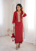 Banjara India Women's Mirror Work Kurti Pant Set with Batwa-Maroon