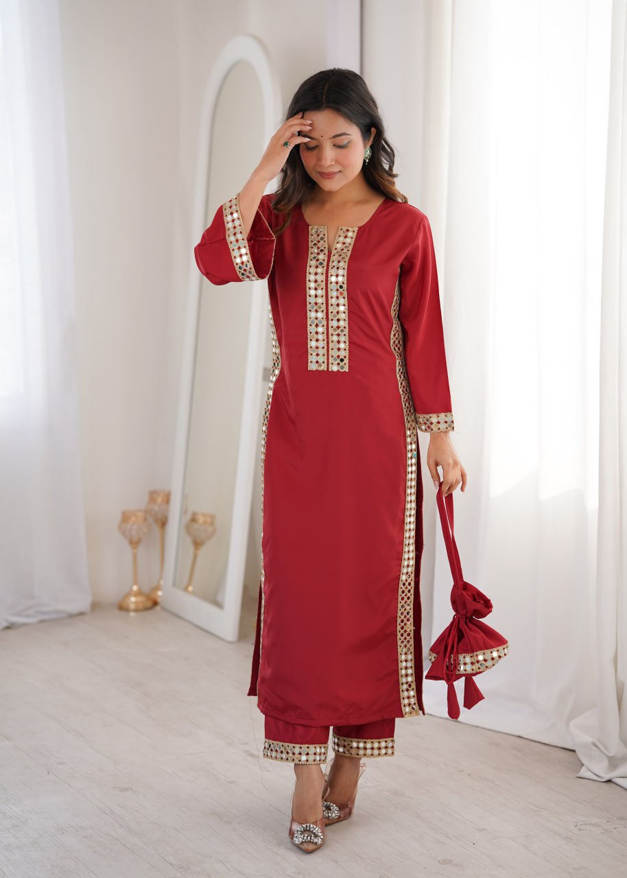 Banjara India Women's Mirror Work Kurti Pant Set with Batwa-Maroon