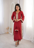 Banjara India Women's Mirror Work Kurti Pant Set with Batwa-Maroon
