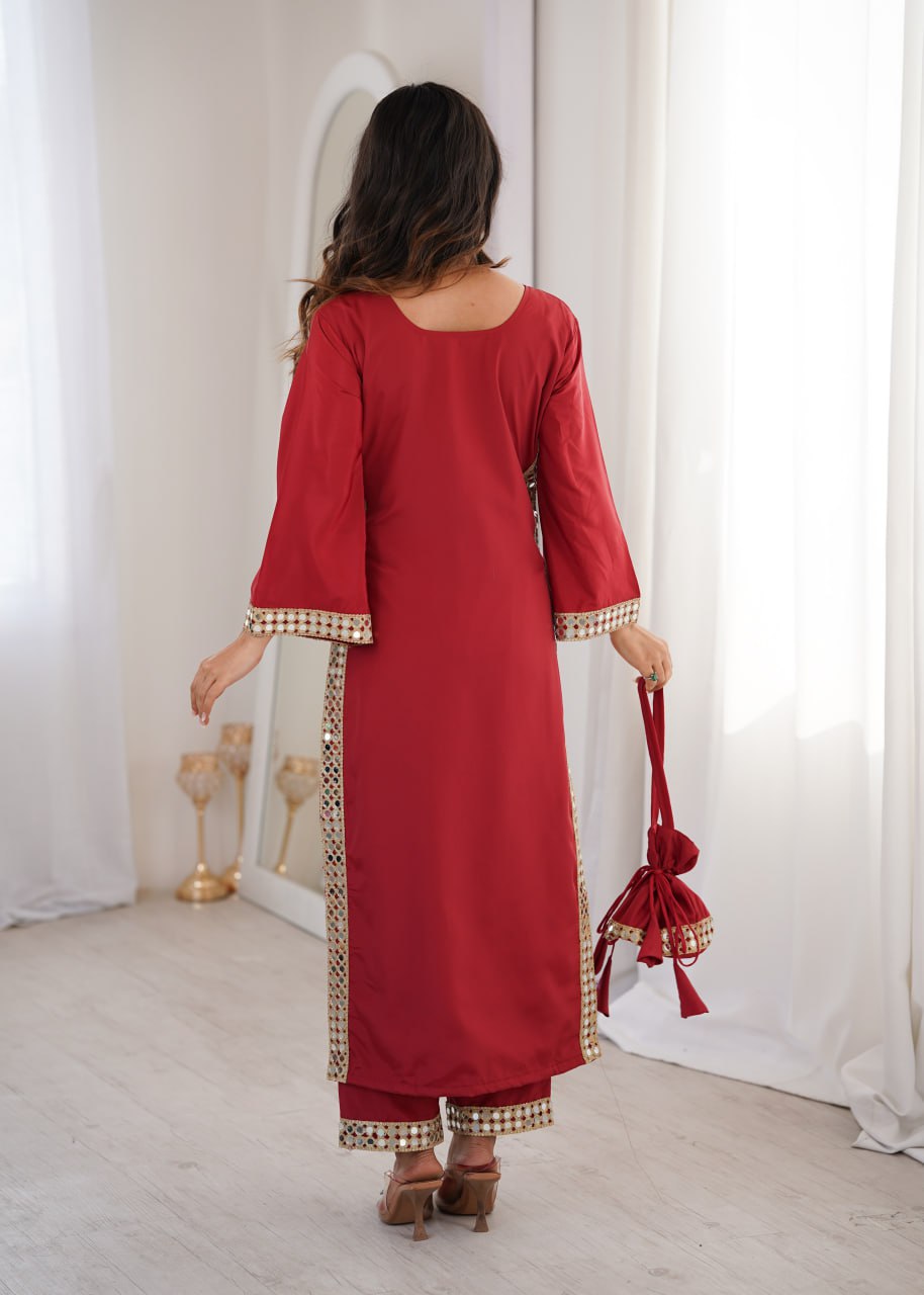 Banjara India Women's Mirror Work Kurti Pant Set with Batwa-Maroon