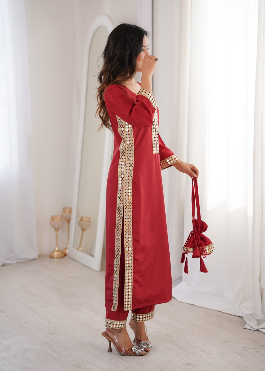 Banjara India Women's Mirror Work Kurti Pant Set with Batwa-Maroon