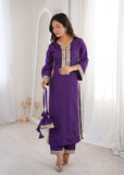 Banjara India Women's Mirror Work Kurti Pant Set with Batwa-Purple