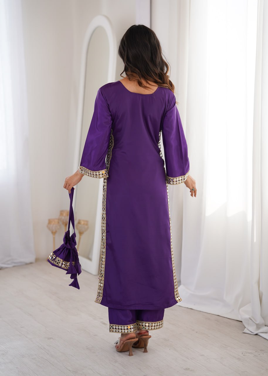 Banjara India Women's Mirror Work Kurti Pant Set with Batwa-Purple
