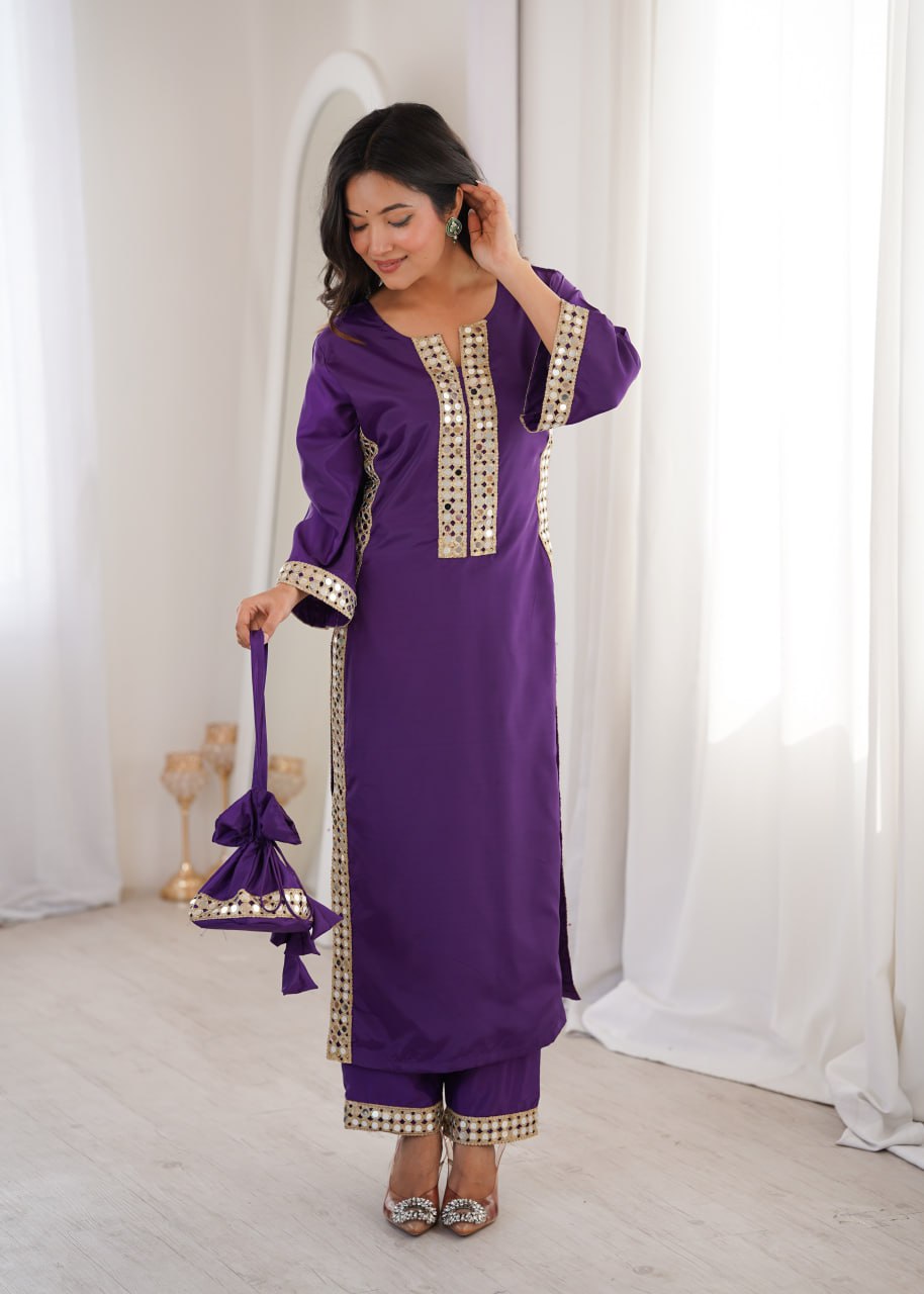Banjara India Women's Mirror Work Kurti Pant Set with Batwa-Purple