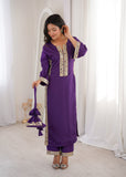 Banjara India Women's Mirror Work Kurti Pant Set with Batwa-Purple