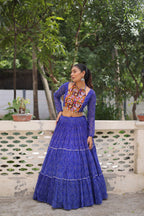 Banjara India Faux Georgette Bandhej Print with Gotta Patti Lace Work  Long Flair Lehenga Set - Blue