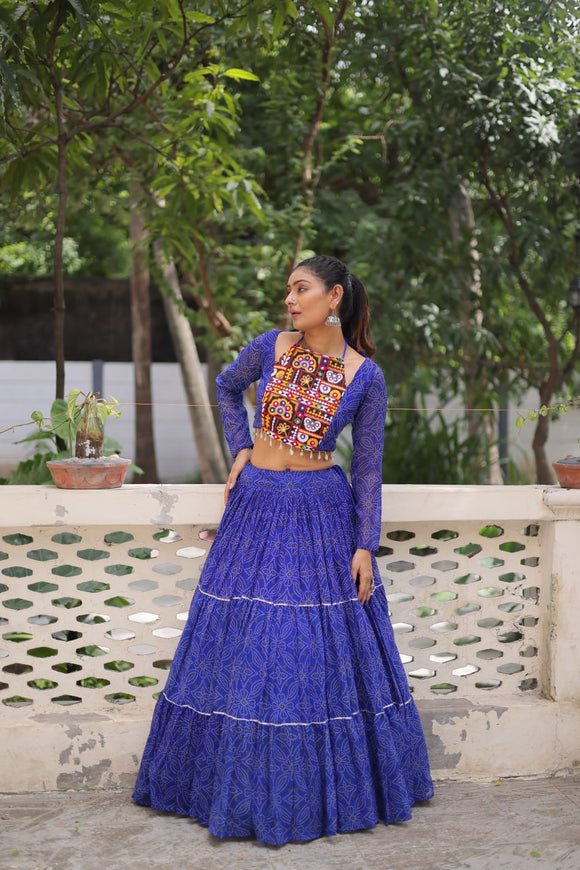 Banjara India Faux Georgette Bandhej Print with Gotta Patti Lace Work  Long Flair Lehenga Set - Blue